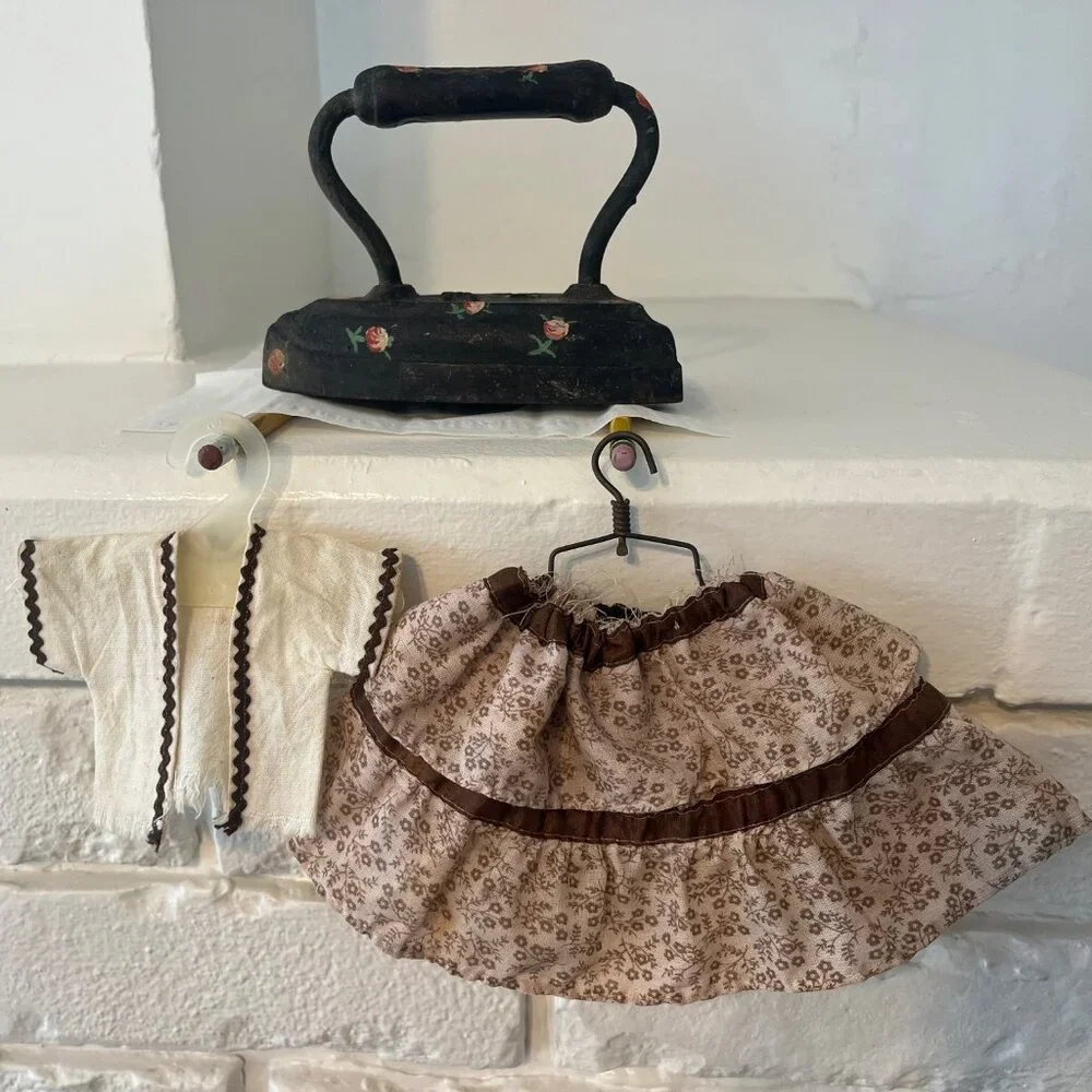 Vintage Doll Outfit Skirt & Jacket Vest & Farmer Hat w/ Flowers Beige & Brown - Picture 3 of 11